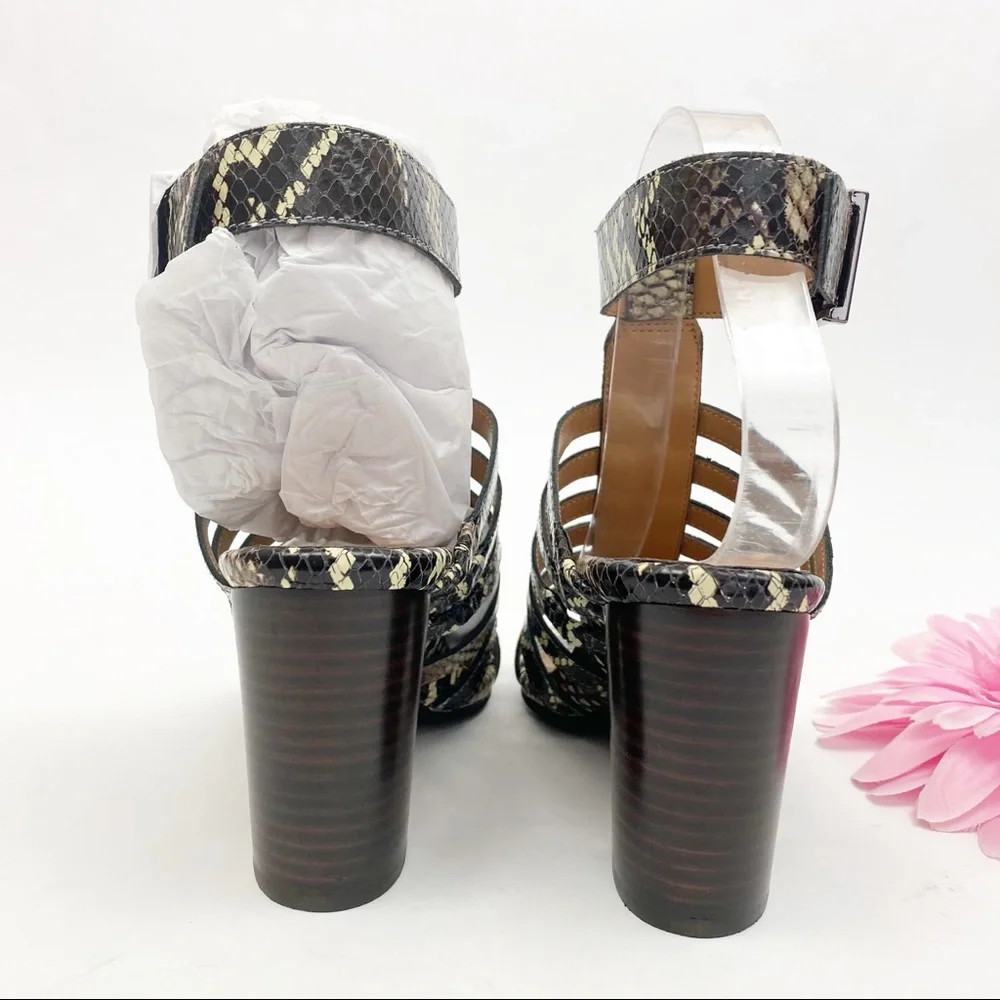 Vionic Perk Sami Leather Caged Heeled Sandals: Black Boa Snakeskin